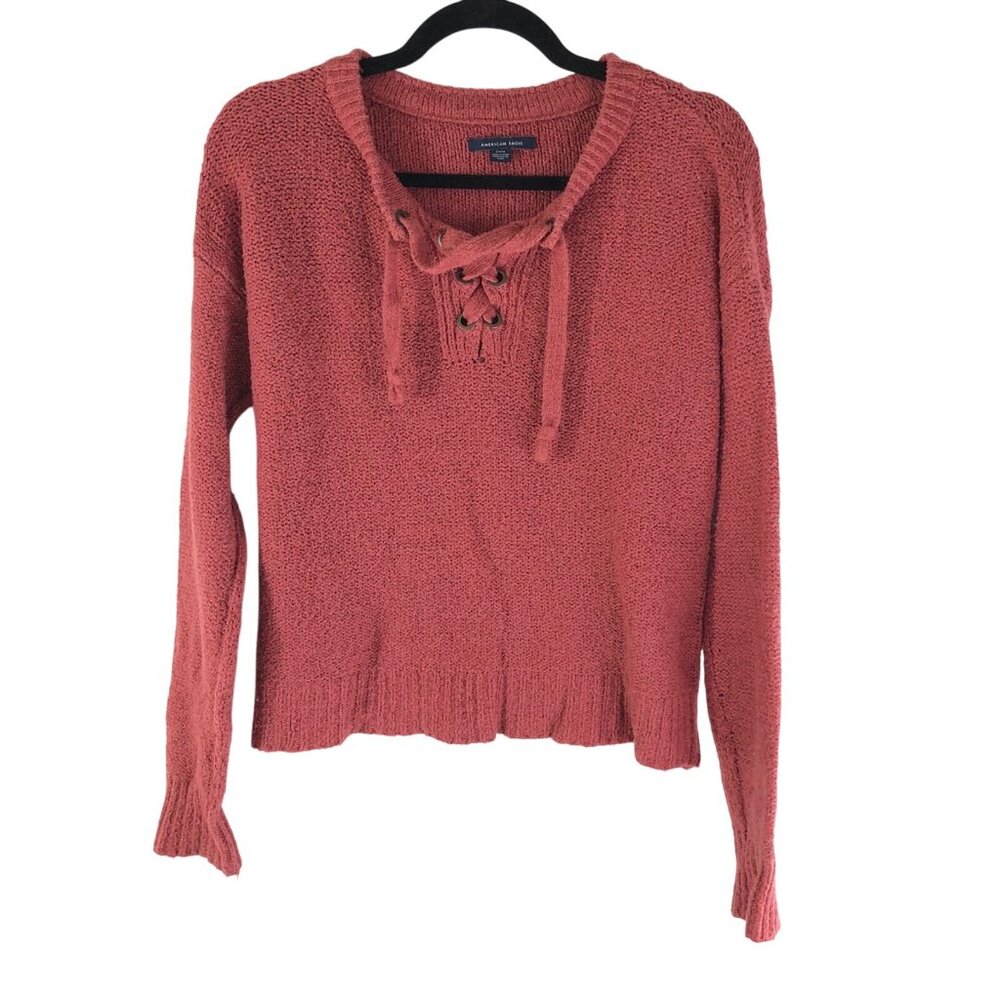 American Eagle Womens Sweater Chunky Knit Lace Up Cotton Blend Red Size S